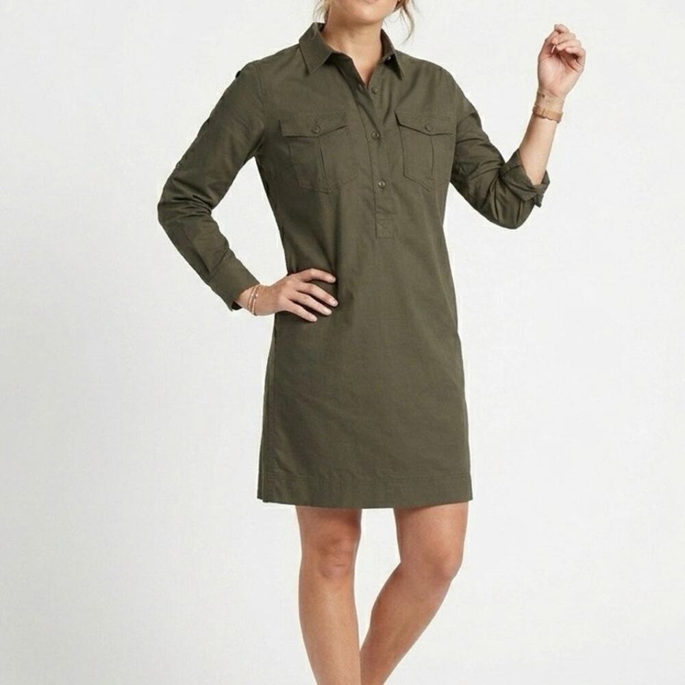 Claridge + King Olive Army Green Shirt Dress Cargo Utility RollTab Cotton Size S